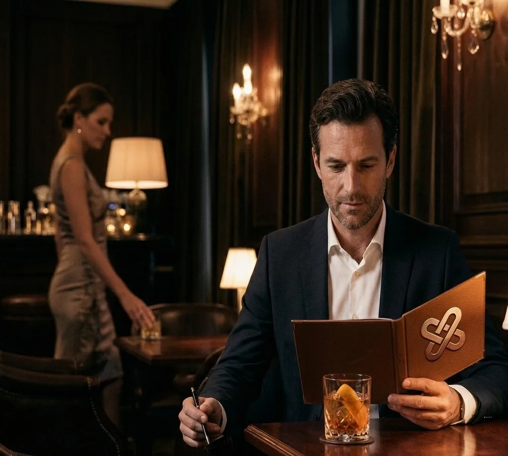 A discreet briefing in a luxury lounge before a high class escort rendezvous